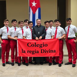 A group of elegant European adolescent male students, dressed in stylish uniforms featuring red pants, short-sleeved white shirts, red ties, and polished black shoes