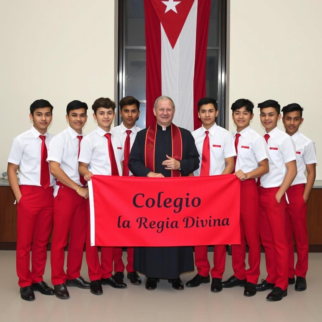 A group of elegant European adolescent male students, dressed in stylish uniforms featuring red pants, short-sleeved white shirts, red ties, and polished black shoes