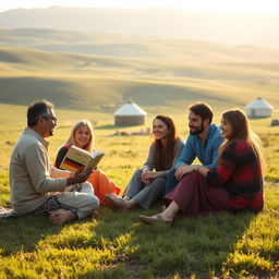 A serene landscape in Mongolia where a group of diverse individuals, including Mongolian and German people, are connecting and learning together