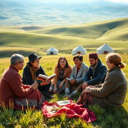 A serene landscape in Mongolia where a group of diverse individuals, including Mongolian and German people, are connecting and learning together