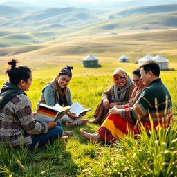 A serene landscape in Mongolia where a group of diverse individuals, including Mongolian and German people, are connecting and learning together