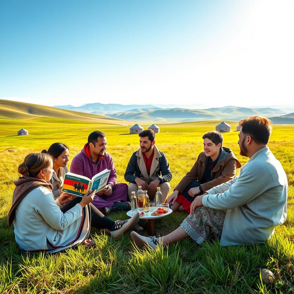 A serene landscape in Mongolia where a group of diverse individuals, including Mongolian and German people, are connecting and learning together