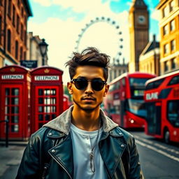A person standing confidently in the foreground, wearing stylish urban attire, with iconic London street elements in the background