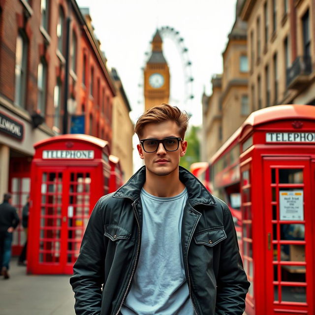 A person standing confidently in the foreground, wearing stylish urban attire, with iconic London street elements in the background