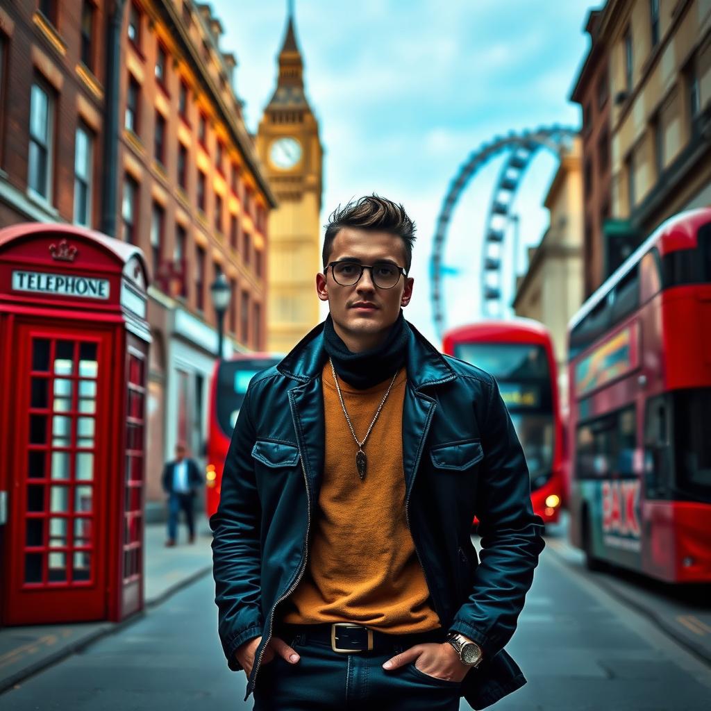 A person standing confidently in the foreground, wearing stylish urban attire, with iconic London street elements in the background