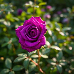 A stunning, vivid purple rose with intricate, velvety petals glistening with dewdrops under soft morning light