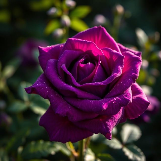 A stunning, vivid purple rose with intricate, velvety petals glistening with dewdrops under soft morning light