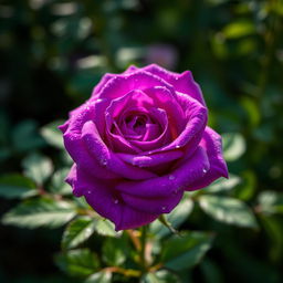A stunning, vivid purple rose with intricate, velvety petals glistening with dewdrops under soft morning light