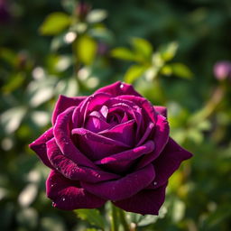 A stunning, vivid purple rose with intricate, velvety petals glistening with dewdrops under soft morning light