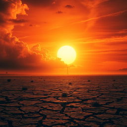 A dramatic and intense scene depicting a desolate landscape under extreme heat, with the sun blazing down