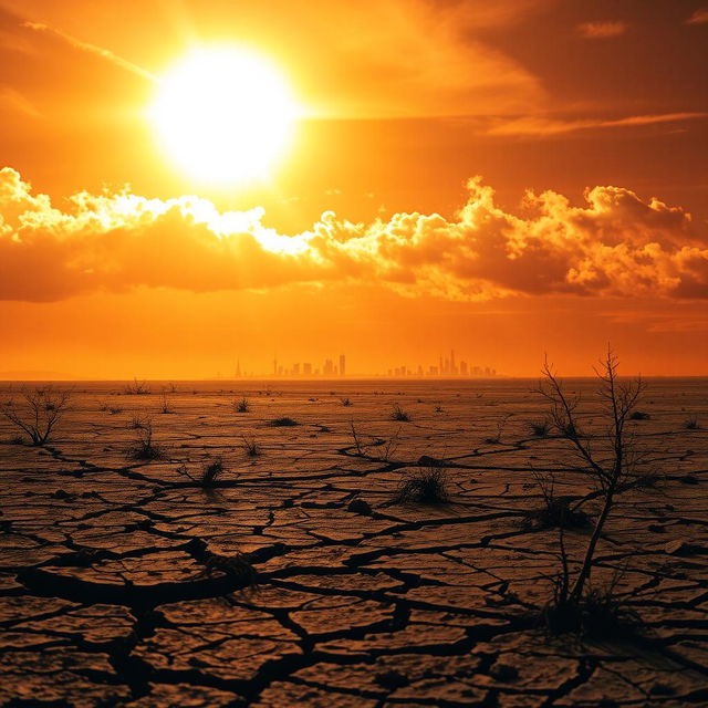 A dramatic and intense scene depicting a desolate landscape under extreme heat, with the sun blazing down