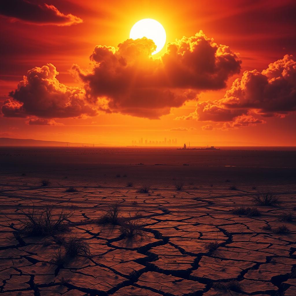 A dramatic and intense scene depicting a desolate landscape under extreme heat, with the sun blazing down