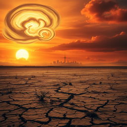 A dramatic and intense scene depicting a desolate landscape under extreme heat, with the sun blazing down