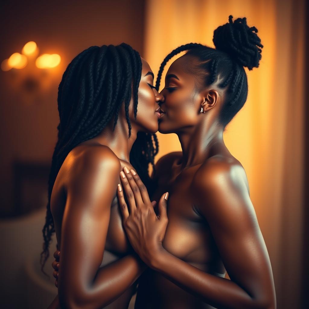 Two 25-year-old Black women with beautiful skin, engaged in a passionate kiss, their bodies partially nude, creating an intimate and romantic atmosphere