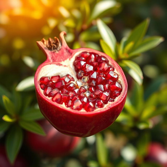 A vibrant and detailed image of a ripe pomegranate, showcasing its rich red color, shiny skin, and glistening seeds