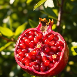 A vibrant and detailed image of a ripe pomegranate, showcasing its rich red color, shiny skin, and glistening seeds