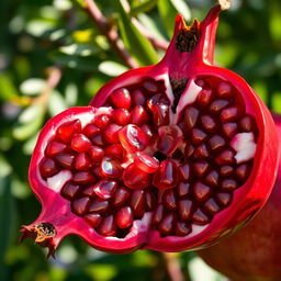 A vibrant and detailed image of a ripe pomegranate, showcasing its rich red color, shiny skin, and glistening seeds