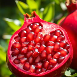 A vibrant and detailed image of a ripe pomegranate, showcasing its rich red color, shiny skin, and glistening seeds