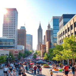 A vibrant urban scene depicting downtown Wichita, Kansas, showcasing its modern architecture and bustling streets