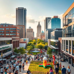 A vibrant urban scene depicting downtown Wichita, Kansas, showcasing its modern architecture and bustling streets
