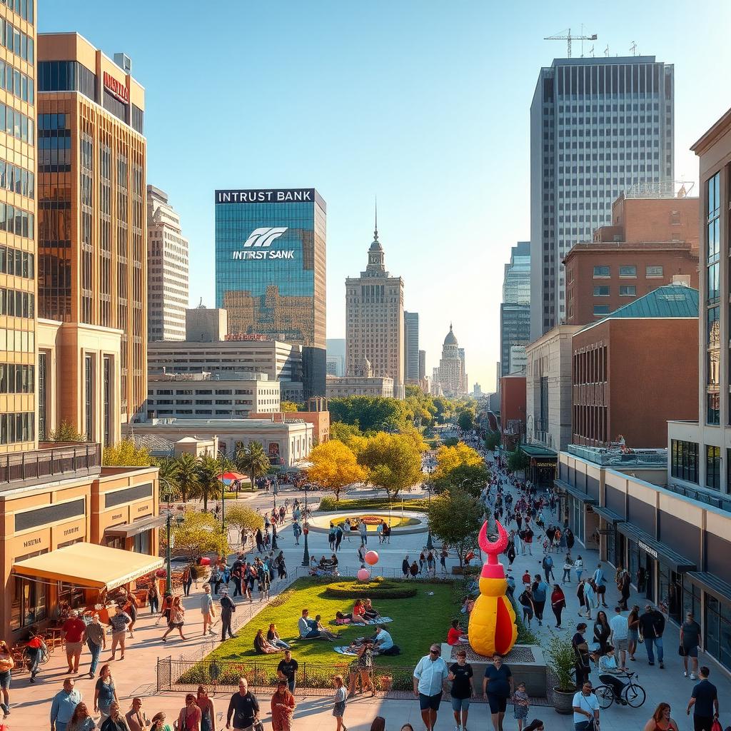 A vibrant urban scene depicting downtown Wichita, Kansas, showcasing its modern architecture and bustling streets