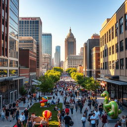A vibrant urban scene depicting downtown Wichita, Kansas, showcasing its modern architecture and bustling streets