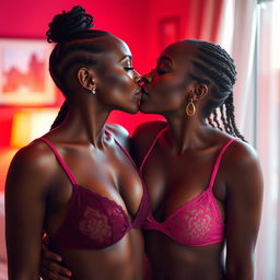 Two 25-year-old Black women, with beautiful skin tones, passionately kissing on the lips while wearing sexy lingerie