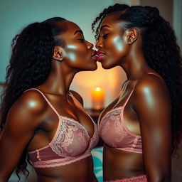 Two 25-year-old Black women, with beautiful skin tones, passionately kissing on the lips while wearing sexy lingerie