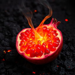 A vivid and striking image of a pomegranate split open, with molten lava flowing inside it
