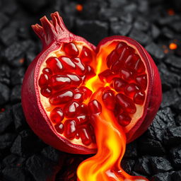 A vivid and striking image of a pomegranate split open, with molten lava flowing inside it