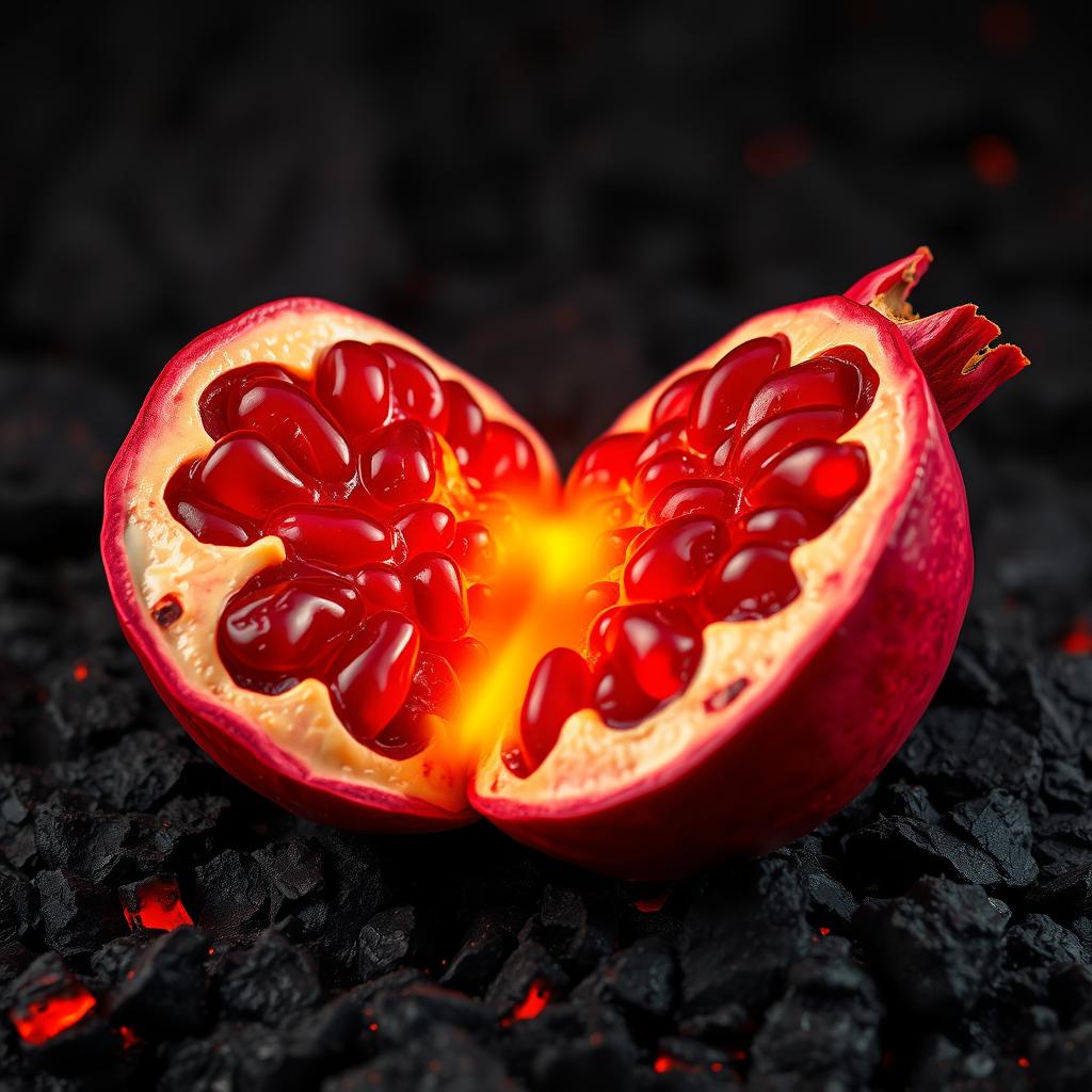 A vivid and striking image of a pomegranate split open, with molten lava flowing inside it