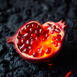 A vivid and striking image of a pomegranate split open, with molten lava flowing inside it