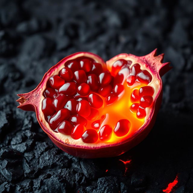 A vivid and striking image of a pomegranate split open, with molten lava flowing inside it