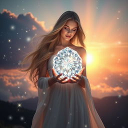 A stunning woman holding a large, intricately cut crystal in her hands, surrounded by a sparkling, magical atmosphere filled with twinkling lights