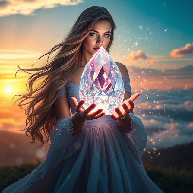 A stunning woman holding a large, intricately cut crystal in her hands, surrounded by a sparkling, magical atmosphere filled with twinkling lights