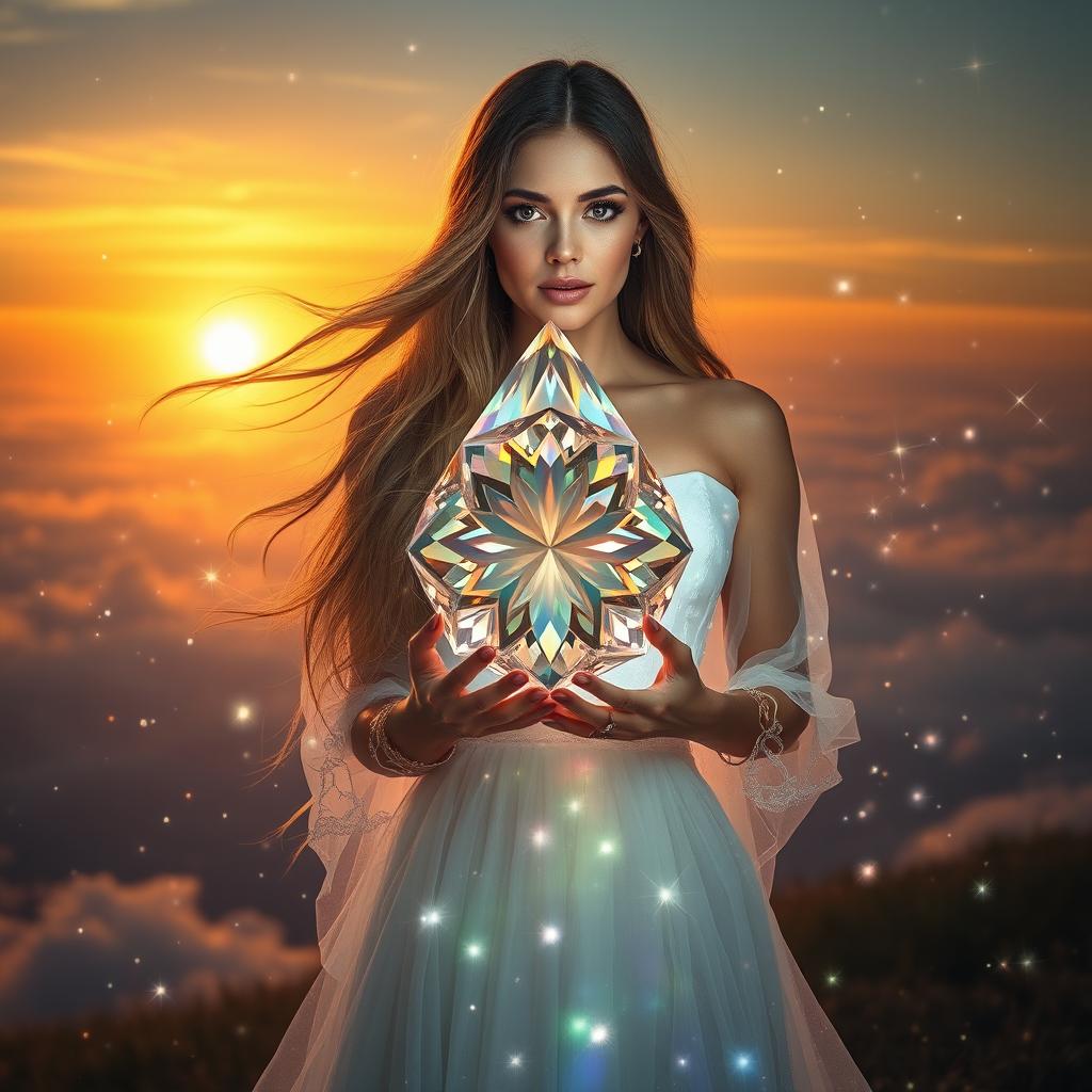 A stunning woman holding a large, intricately cut crystal in her hands, surrounded by a sparkling, magical atmosphere filled with twinkling lights