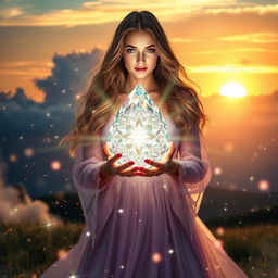 A stunning woman holding a large, intricately cut crystal in her hands, surrounded by a sparkling, magical atmosphere filled with twinkling lights