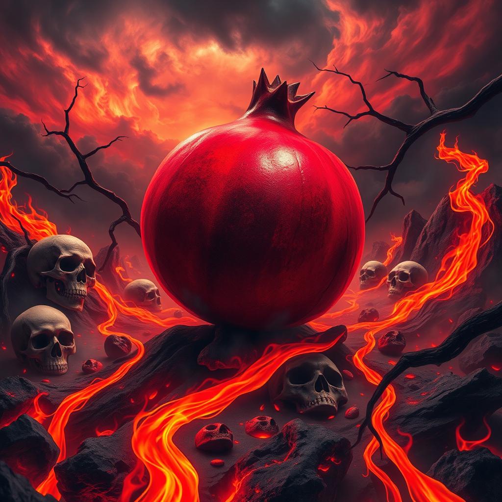 A surreal and vivid scene depicting a pomegranate in a hellish landscape, surrounded by fiery red and orange flames