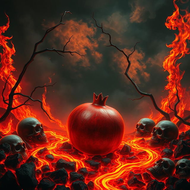 A surreal and vivid scene depicting a pomegranate in a hellish landscape, surrounded by fiery red and orange flames