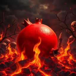 A surreal and vivid scene depicting a pomegranate in a hellish landscape, surrounded by fiery red and orange flames