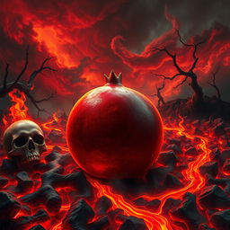 A surreal and vivid scene depicting a pomegranate in a hellish landscape, surrounded by fiery red and orange flames