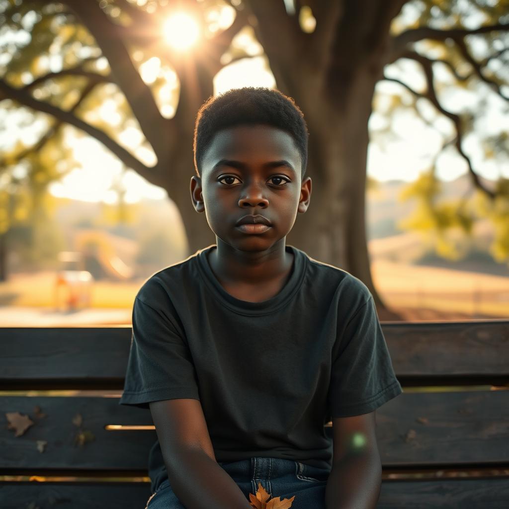 A portrait of a young black boy with a melancholic expression, sitting alone on a park bench under a sprawling tree