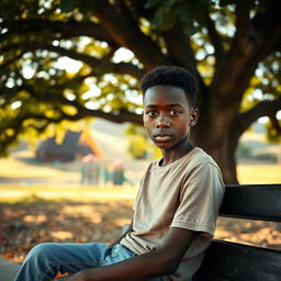 A portrait of a young black boy with a melancholic expression, sitting alone on a park bench under a sprawling tree