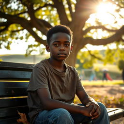 A portrait of a young black boy with a melancholic expression, sitting alone on a park bench under a sprawling tree