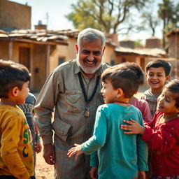 A heartwarming scene depicting General Qasem Soleimani in dusty clothes, playfully interacting with several seven-year-old children from Syria