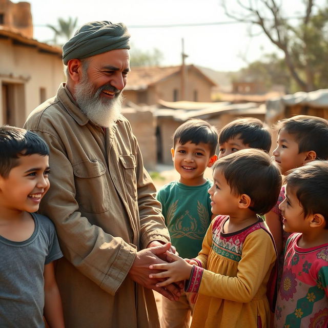 A heartwarming scene depicting General Qasem Soleimani in dusty clothes, playfully interacting with several seven-year-old children from Syria