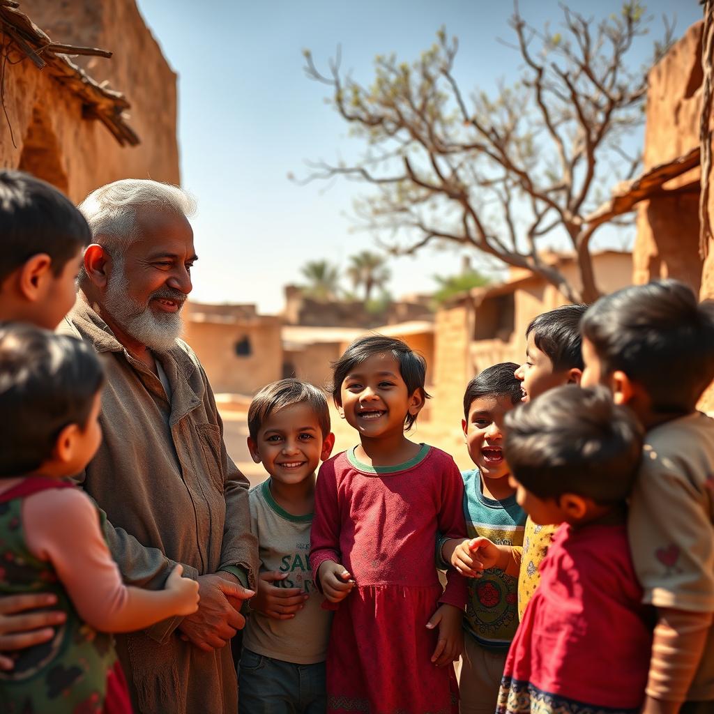 A heartwarming scene depicting General Qasem Soleimani in dusty clothes, playfully interacting with several seven-year-old children from Syria