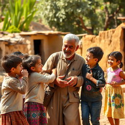 A heartwarming scene depicting General Qasem Soleimani in dusty clothes, playfully interacting with several seven-year-old children from Syria