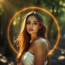 A woman gracefully illuminated by a soft sphere of light that encircles her, creating an ethereal atmosphere