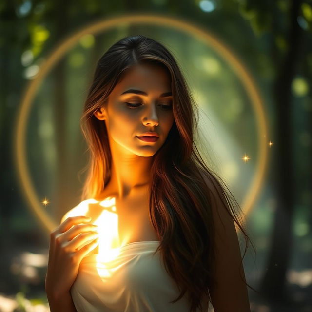 A woman gracefully illuminated by a soft sphere of light that encircles her, creating an ethereal atmosphere